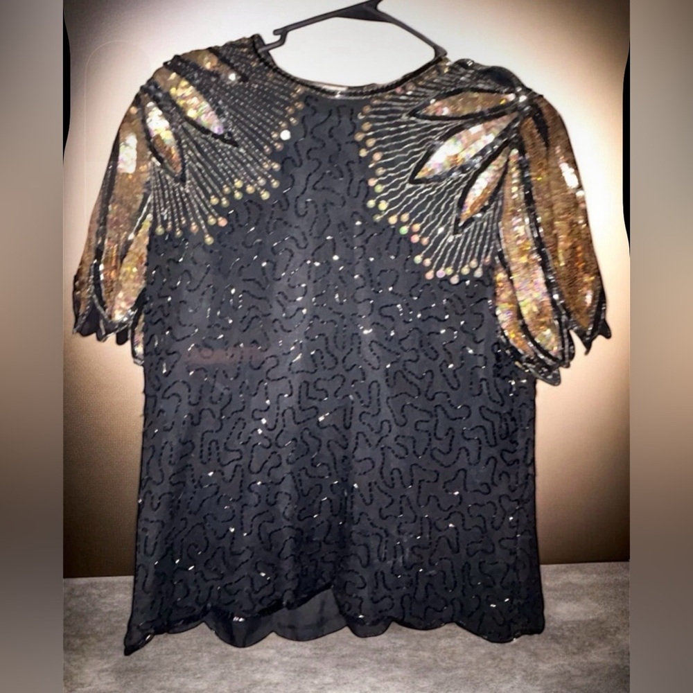Vintage Laurence Kazar XL Silk Beaded Top - Black & Gold Sequin Sunburst Blouse